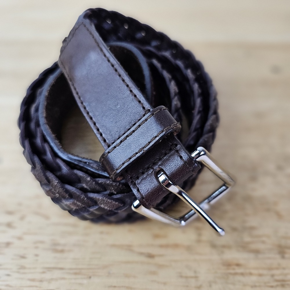 Brooks Brothers 40 Brown Woven Leather Belt Silver Buckle Men's Classic Style